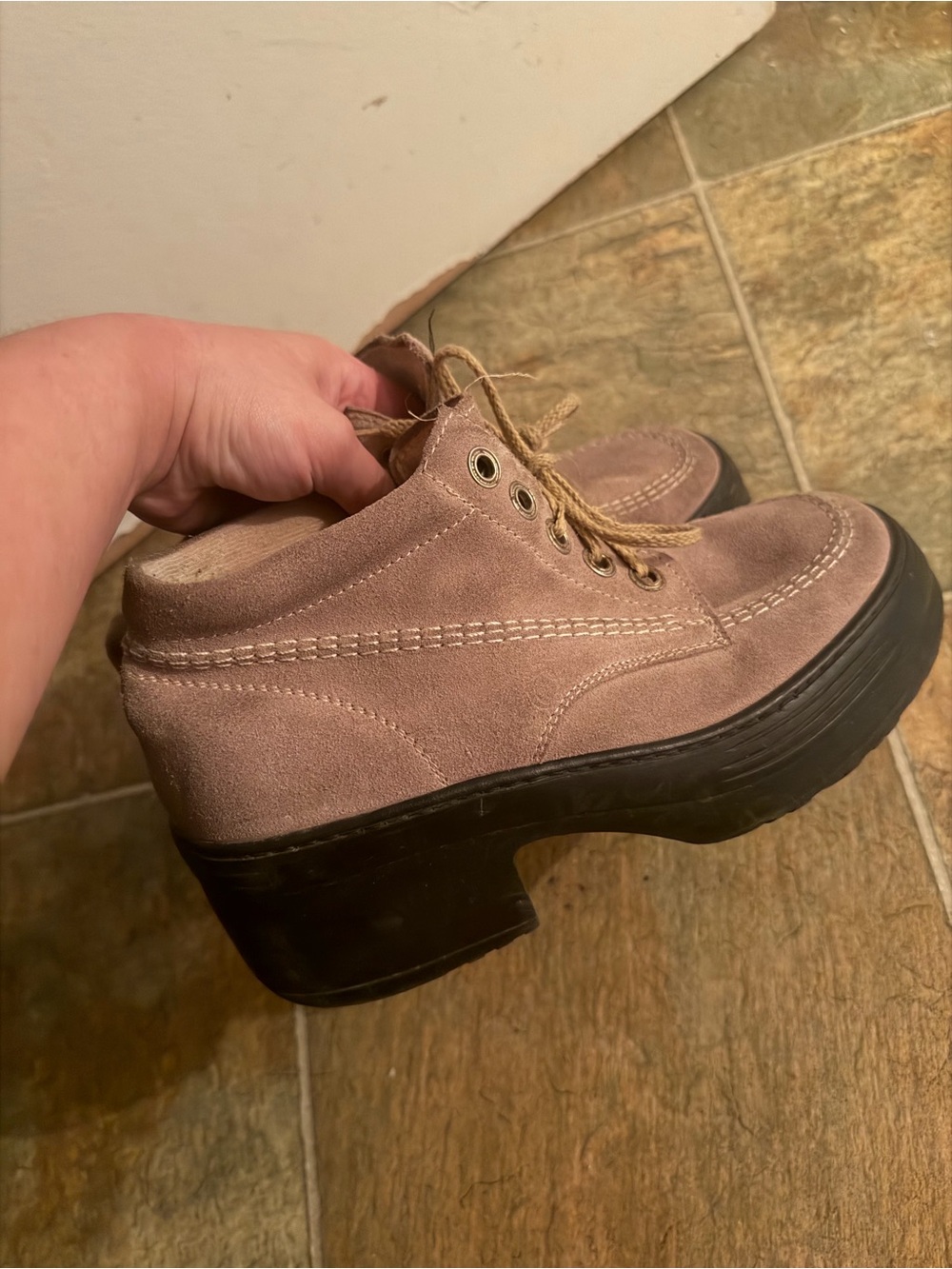 Vintage Women’s Taupe Suede Lace-Up Platform Shoes